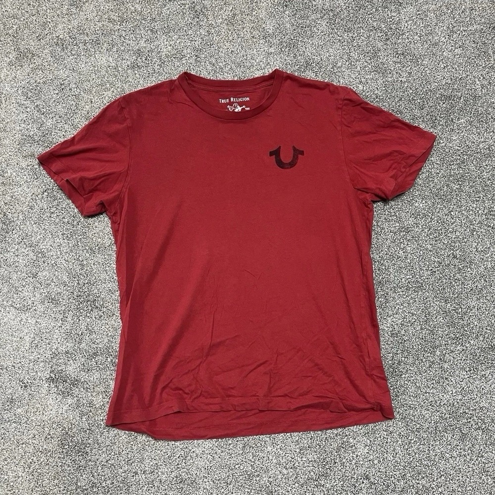 True Religion Horseshoe Logo T Shirt Red Short Sleeve Mens XL Buddha Graphic